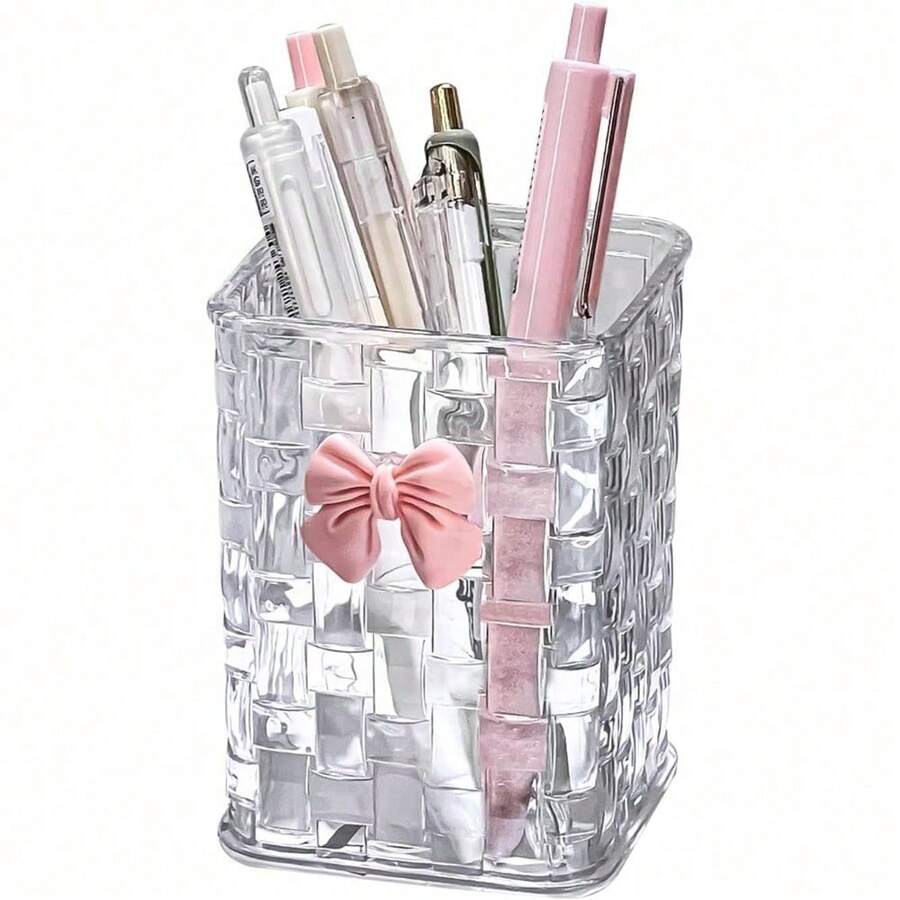 Acrylic Desktop Pen Holder – Transparent Pencil Organizer, Makeup Brush Cup – With Bow Accent – ​​Back-To-School Accessory, Teacher's Day Gift (Clear) - 變體 - 查看 1