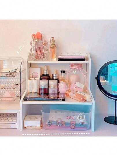 1pc White Double-Deck Elevated Desktop Organizer Rack, Suitable For Bedroom, Living Room, Study, Office And Dorm. This Desktop Storage Rack Can Be Used To Store Cosmetics, Perfumes, Jewelry, Stationery And Other Miscellaneous Items, Convenient For Organization And Display