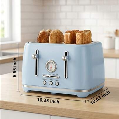 Stainless Steel Retro Toaster 4 Slice, 1.6 Inch Wide Slots, 6 Shade Control, Bagel Defrost Cancel, Easy Clean Crumb Tray, Blue