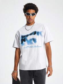 Tiny Spark Men's Round Neck Short Sleeve Casual White T-Shirt With Blurred Letter Graphic - Blue - View 4
