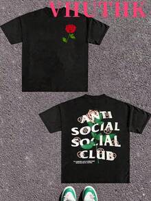Graphic-Shirt Cotton Tees Size Plus,VHUTHK (180 Cotton T-Shirt)Y2K With Anti Social Club: Red Rose Print Men's Summer Round Neck Short Sleeved Casual Cotton Print ,Y2K,Oversized Shirt Men,Summer Tops - Black - View 1