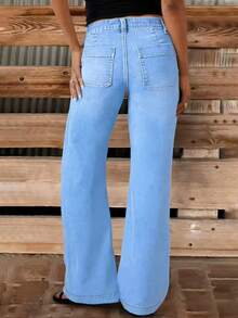 新款女士多扣水洗修身直筒休闲牛仔裤，高品质牛仔裤，春季款 - 淺色水洗藍 - 查看 7