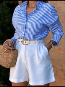 Women's Dress Shirt, Long-Sleeved Striped Blouse With Buttons,  2026 - Royal Blue - View 2