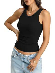 Sports Bra Vest With Non-Removable Padding - Seamless, Wire-Free Design Suitable For All Seasons, Yoga, Running, And Gym Wear. Vest With Built-In Bra, Fall Women's Wear. - 黑色 - 查看 2