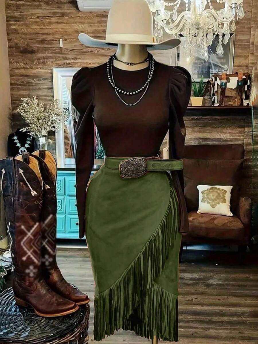 Chân váy ngắn tua rua bằng da lộn màu trơn thời trang kiểu phương Tây dành cho nữ, thanh lịch, thích hợp mặc hàng ngày vào mùa hè.