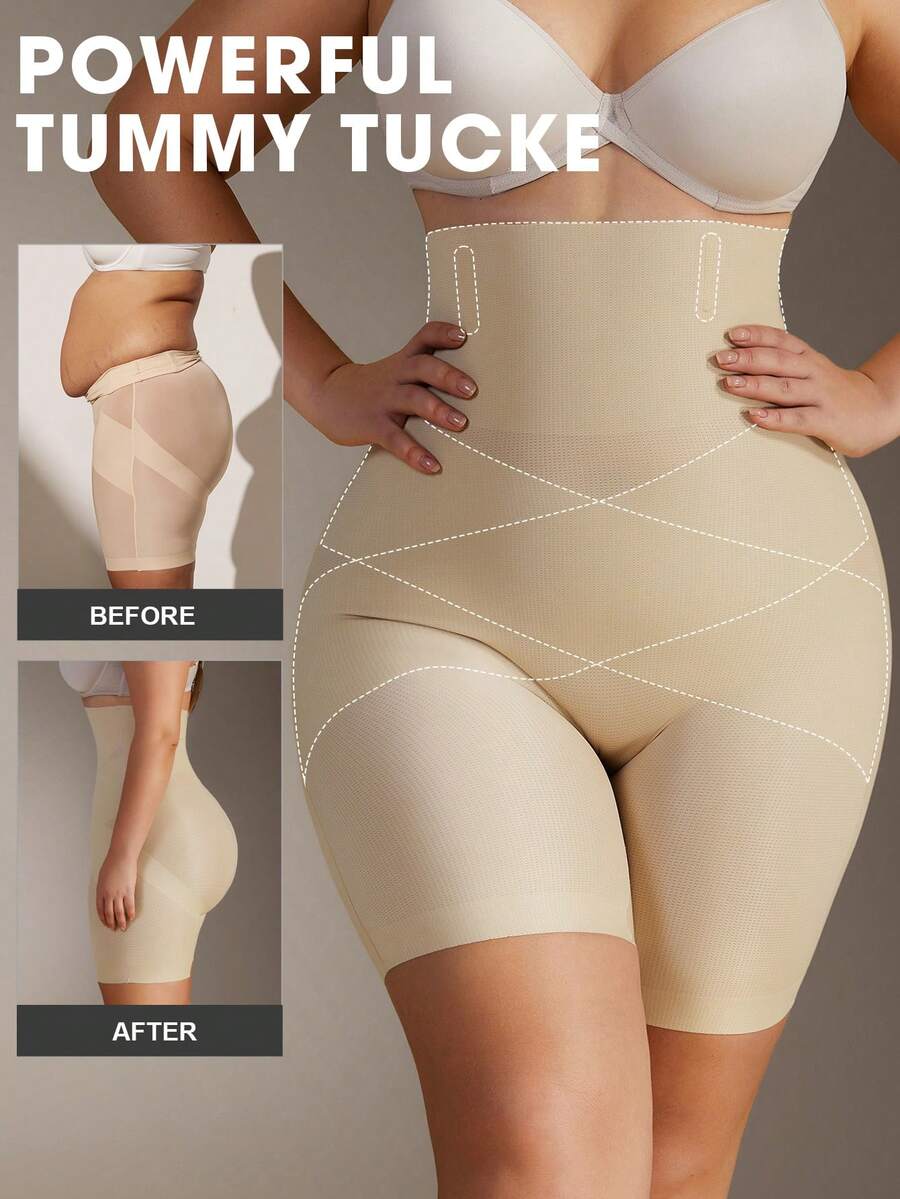 1pc Women High Waist Criss-Cross Girdle Seamless Tummy Control Butt Lifter Shapewear Shorts, Plus Size - Apricot - View 1