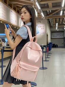 Ba lô tối giản màu hồng nhạt, chất liệu nylon mềm mại, kiểu dáng thường ngày, có túi phía trước, dành cho nữ. - Màu Hồng baby - Xem 4