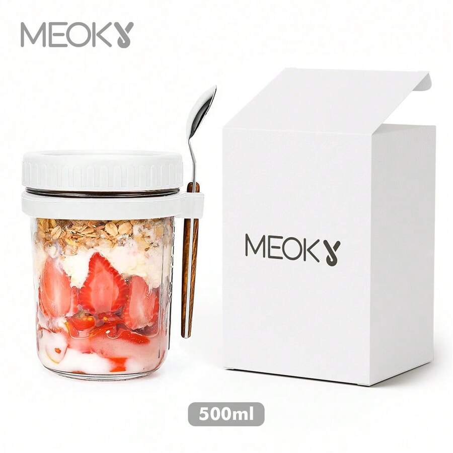 16oz/500ml [1/2 Gói] Yến Mạch Ngâm Chua Trong Hũ Thủy Tinh Có Nắp Có Thìa, Hộp Yến Mạch Kín Có Vạch Đo, Hộp Ngũ Cốc Di Động