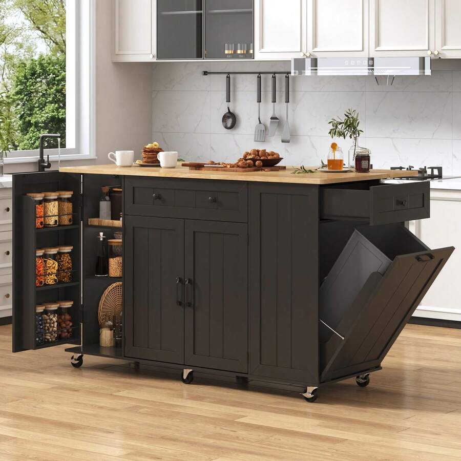 59" Rolling Kitchen Island Table With Power Outlet, Drop Leaf - Mobile Cart With Hidden Trash Cabinet & Towel Rack - Black - View 1