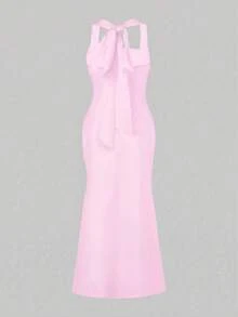 Glamful Solid Color Elegant French Style Halter Chiffon Maxi Dress, Suitable For Vacation, Date, Wedding, Wedding Party - Pink - View 8