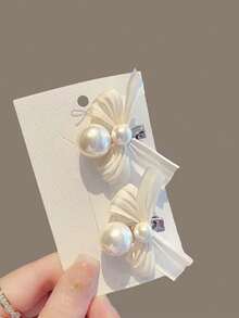 4个柔软珍珠蝴蝶结发夹，少女风侧刘海夹，高端流苏发夹，法式缎面发夹 - 彩色 - 查看 6