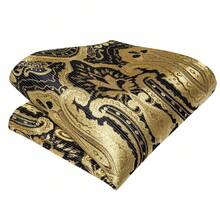 男士金色佩斯利花纹预系领结套装，包含领结、手帕、袖扣和胸针，适合婚礼、正式场合和派对等场合，是理想的礼物之选。 - 金色 - 查看 3