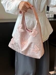 时尚针织撞色花卉磁扣腋下包，简约单肩包，女士日常便携手提包 - 粉色 - 查看 8