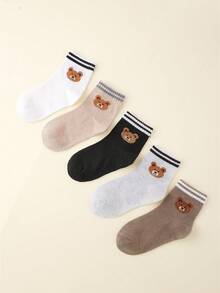 5 Pairs Kids Socks, Cartoon Bear Design, Fashionable & Dirt-Resistant Children Socks, Student Socks - Multicolor - View 2