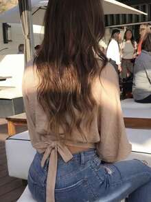 女士V领休闲上衣，波西米亚风设计，腰部系带，蝙蝠袖，适合日常和度假穿着。 - 深杏色 - 查看 8