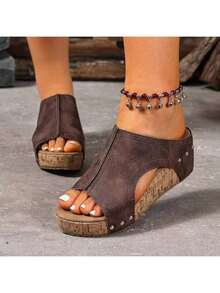 Wedge-Heeled Thick-Soled Open-Toe Sandals, Light Brown Faux Suede, Stylish Hollowing, Rivet Details, Great With Jeans - Brown - View 2