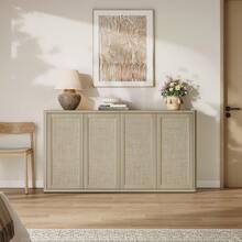 SICOTAS Rattan Sideboard Storage Cabinet - Boho Credenza Coffee Bar Cabinet With Doors & Adjustable Shelves, Large Farmhouse Buffet Console Table For Living Room, Kitchen, Entryway - Sand Oak - View 4