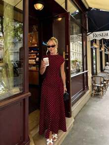 Vestido casual de fiesta con estampado floral elegante y patchwork, adecuado para vacaciones y verano - Burdeos - Ver 2