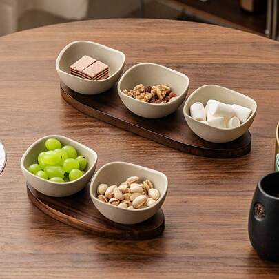 1 Set Wooden Fruit Plate, Snack Dish, Appetizer Plate, Dried Fruit Tray, Coarse Ceramic Bowl, Snack Plate, Snack Plate Set, Candy Bowl, Nut Dish, Snack Bowl, Suitable For Living Room, Tea Room Hospitality