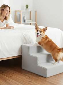 3-Step Pet Stairs For Bed 45*35*30cm – Non-Slip Dog Steps With Washable Plush Cover, Pet Ladder For Small Dogs & Cats - Grey - View 1