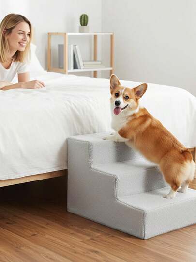 3-Step Pet Stairs For Bed 45*35*30cm – Non-Slip Dog Steps With Washable Plush Cover, Pet Ladder For Small Dogs & Cats