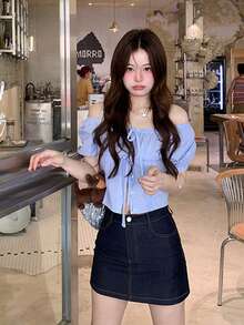 Áo sơ mi nữ tay ngắn cổ nơ, thích hợp cho mùa hè. - Màu xanh lam - Xem 8