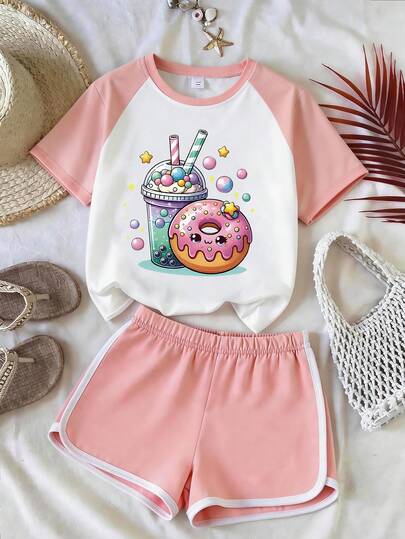 2pcs/Set Girls Casual Outfit, Pink & White Splice Raglan Sleeve Top With Cute Donut & Drink Print + Pink Trim Shorts, Comfortable Loose Cute Set