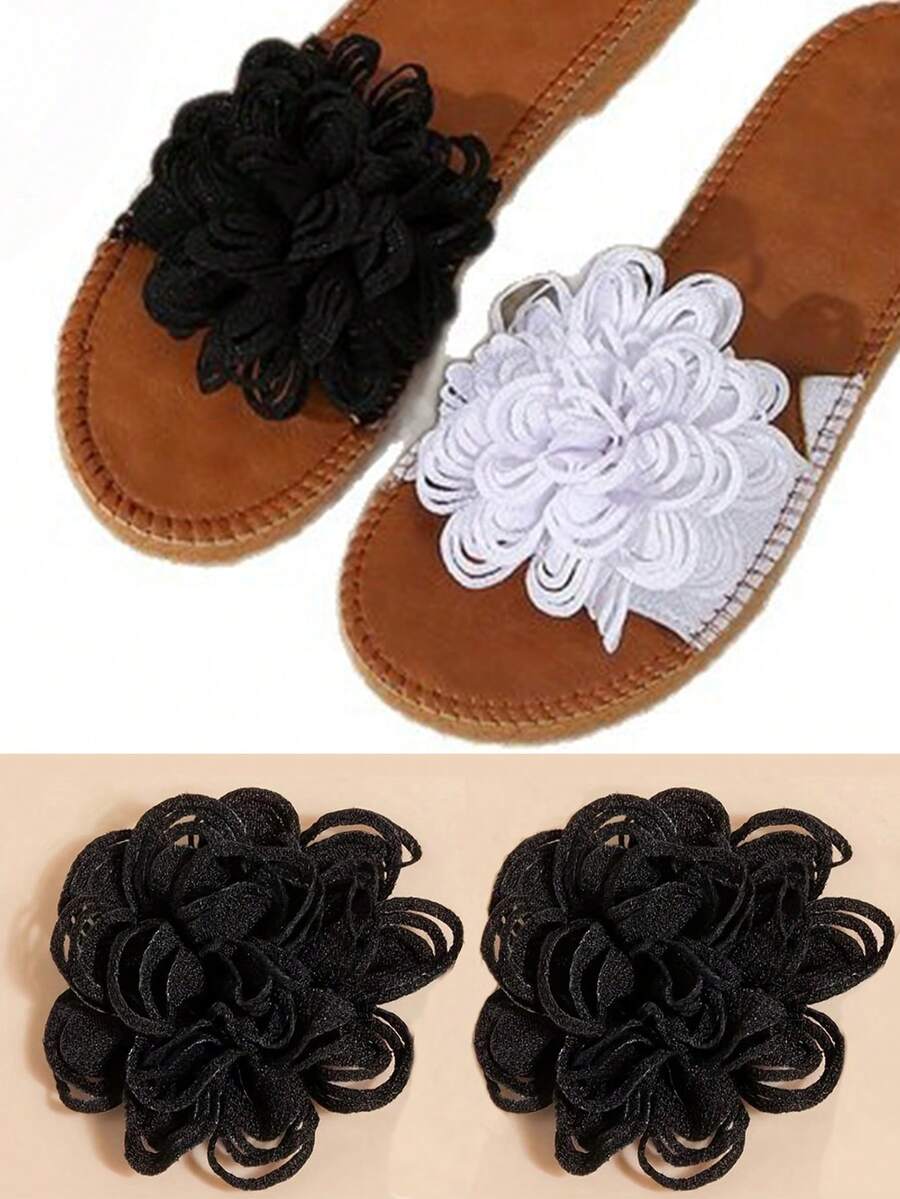 1 par de nuevas flores negras huecas de tela enrollada, adecuadas para corsages, sandalias, accesorios florales 3D hechos a mano - Negro - Ver 1