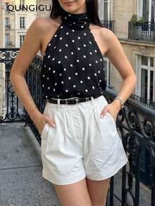 QUNGIGU Women's Polka Dot Sleeveless High Collar Chiffon Blouse, Elegant Flowy Casual Business Office Top For Summer - Black - View 1