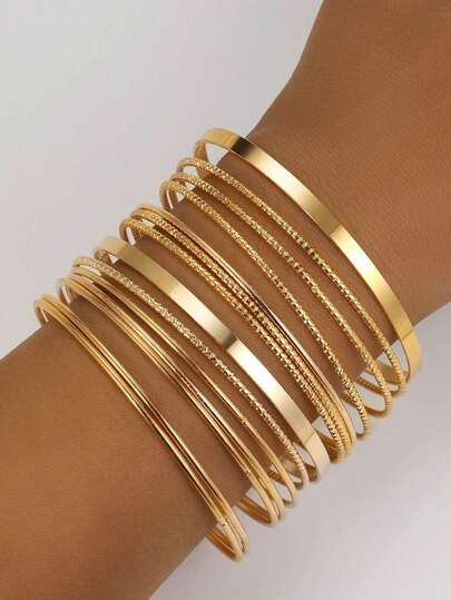 14 piezas de pulsera dorada, conjunto retro personalizado y exagerado con superficie lisa, pulsera para mujer