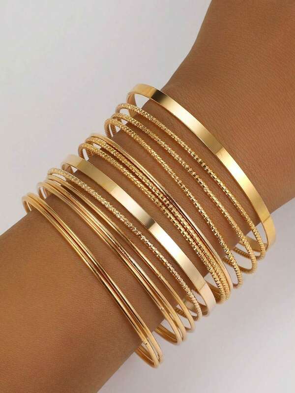 14 piezas de pulsera dorada, conjunto retro personalizado y exagerado con superficie lisa, pulsera para mujer
