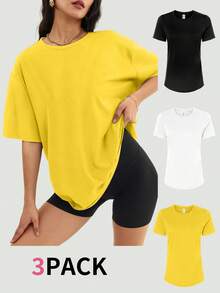 3pcs/Set Women's Solid Color Round Neck Ruched T-Shirts, Minimalist Fashion Summer Style - Yellow - View 6
