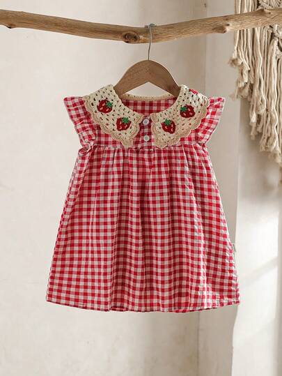 Baby Girls' Red Plaid Strawberry Crochet Collar Princess Dress, Cute Summer Outerwear