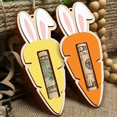 2件套，2D平面，木质复活节兔子胡萝卜钱夹，适合复活节装饰，复古人造吊牌，带兔子胡萝卜夹，可用于寻蛋游戏礼物、春季餐桌布置、用品，彩色兔子、胡萝卜和木质钱包装饰吊坠，节日礼物