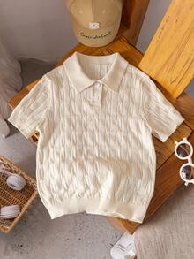 Girls' School Style Solid Color Polo Collar Short Sleeve Cable Knit Sweater, Pullover Cardigan Suitable For School, Spring, Summer, Autumn - Apricot - View 2