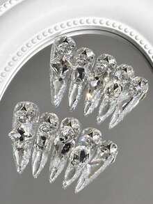 Deluxe 10Pcs/Set Rhinestone Almond Shaped Nail Tips, Sparkly Asymmetrical Stones Embellished, Luxury Glamorous Nail Art Accessories, Suitable For Everyday Wear, Parties, Weddings And More, Reusable With Included Nail Glue Press On Nails Nail Supplies Nails Handmade Press On Nails - Silver - View 1