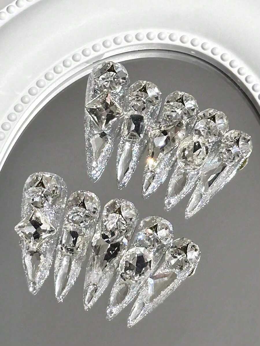 Deluxe 10Pcs/Set Rhinestone Almond Shaped Nail Tips, Sparkly Asymmetrical Stones Embellished, Luxury Glamorous Nail Art Accessories, Suitable For Everyday Wear, Parties, Weddings And More, Reusable With Included Nail Glue Press On Nails Nail Supplies Nails Handmade Press On Nails - Silver - View 1