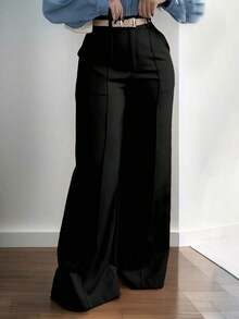 Jessefine Zippered Pockets Wide Leg Pants, Waistless Solid Color Suit Fabric, Brown, Elegant Commute Versatile Office School Daily Wear, Spring/Summer - màu đen - Xem 3