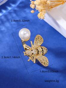 18K镀金铜淡水珍珠立方氧化锆蜜蜂戒指，时尚优雅简约日常女士首饰 - 白色 - 查看 5