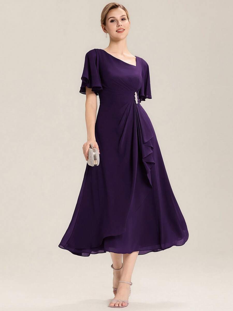 EVERPRETTY 优雅V领长款紫色伴娘礼服,半正式婚礼宾客礼服,春夏款 - 紫色 - 查看 1