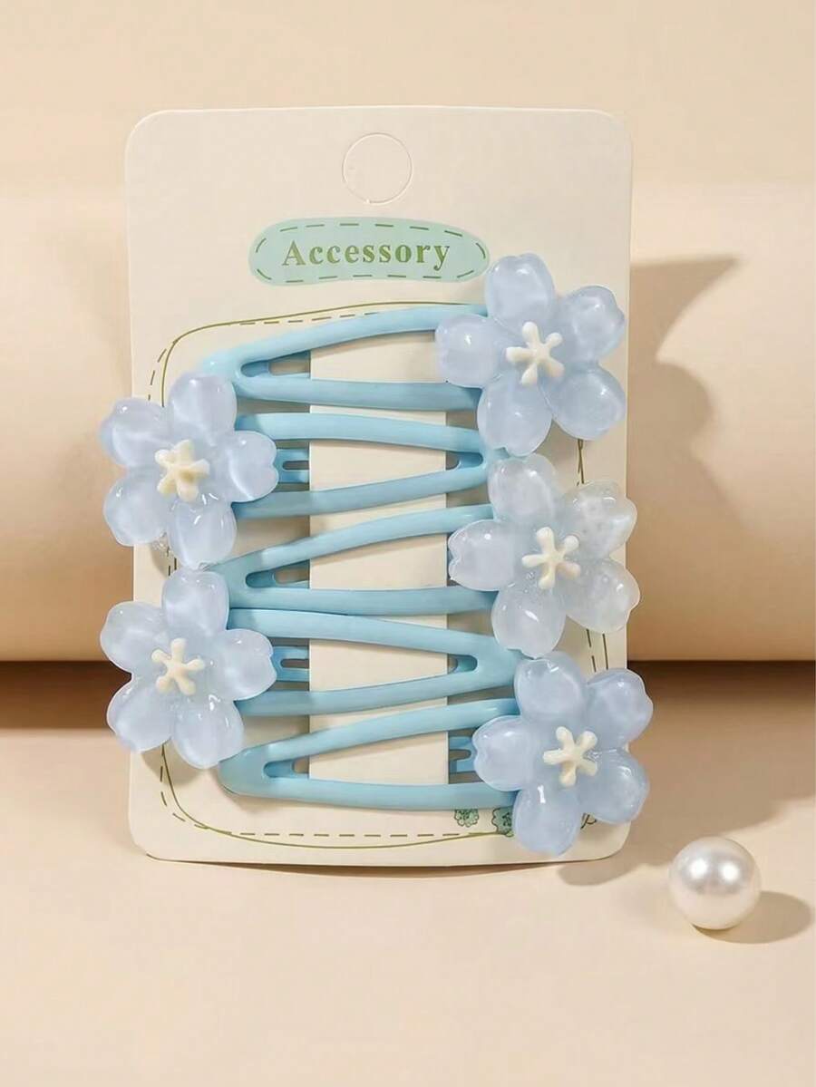 Set Of5 Girls' Blue, Sweet, And Cute Crystal-Clear Cherry Blossom BB Clips-Perfect For Spring And Everyday Styling - Multicolor - View 1