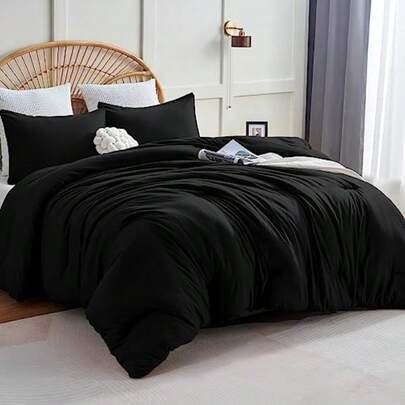 Queen Comforter Set Black 3 Pieces Solid Comforters Queen Size Breathable Quilted Bedding Sets Luxury Soft Microfiber Down Alternative Comforter For All Season 1 Comforter And 2 Pillowcases