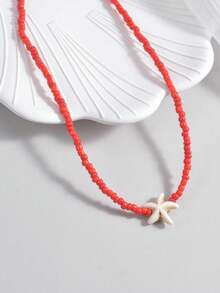 1pc Turquoise Starfish & White Bead Necklace - Multicolor - View 4
