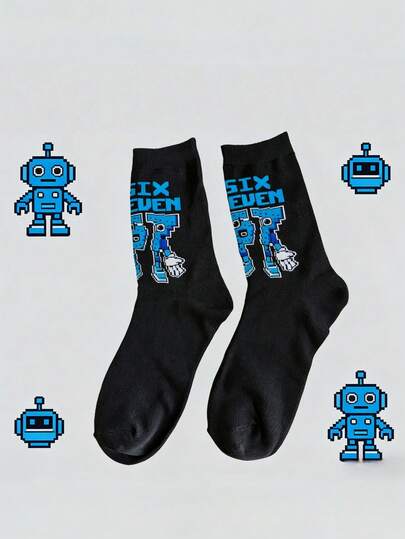 1 Paar unisex Pixel Roboter-Themen Socken - Pixel Nummer 6 & 7 Roboter Muster mit "SECHS SIEBEN" Text, kreative Neuheit Socken für den Alltag Outfit, ideal als Geschenk für Retro-Spiel- und Tech-Style-Enthusiasten, ganzjährige Mode Lässig Socken