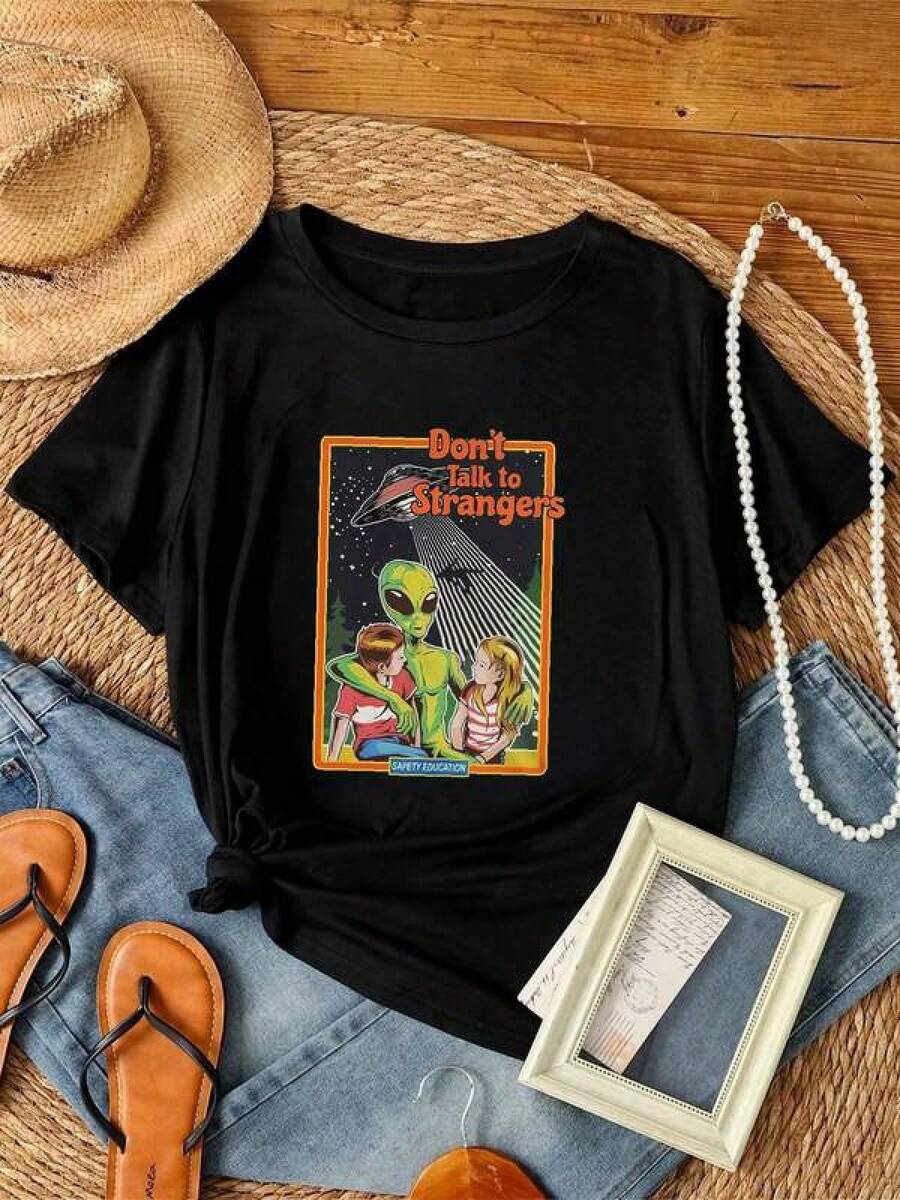 Camiseta de hombre 100% algodón, camiseta de mujer con estampado Don T Talk Strangers, camiseta divertida Geek Alien Sci Fi Retro Kids StrangerS Hawkins ThIng Hugs, camiseta de algodón con ilustración inspirada en StrangerS Hawkins ThIng, camiseta StrangerS Style Up Side Down ThIngs, Mike, Lucas, Eleven, Dustin, Demodogs, Hawkins Indiana Fans, camisetas exquisitas, camiseta de vacaciones - StrangerS Hawkins ThIng Pattern, camiseta de algodón casual con cuello redondo, StrangerSthIngS, camiseta gráfica, camisetas, regalos para el Día de San Valentín, ropa de verano. - Negro - Ver 1