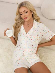 2pcs Women's Spring/Summer Pajama Set, Minimalist & Fashionable Sleepwear Set, Printed Button-Up Cardigan Short Sleeve Pocket Pajama Top And Shorts - Beige - View 3