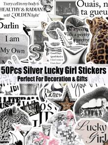 50pcs Silver Lucky Girl Stickers Waterproof PVC Sticker Suitable For Water Bottles Scrapbook Skateboards Luggage Laptops Theme Party Supplies - Multicolor - View 1
