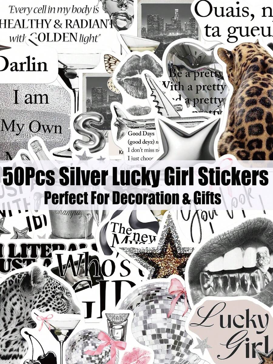 50pcs Silver Lucky Girl Stickers Waterproof PVC Sticker Suitable For Water Bottles Scrapbook Skateboards Luggage Laptops Theme Party Supplies - Multicolor - View 1