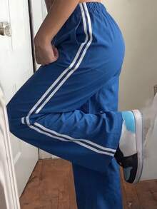 女士休闲蓝色长款阔腿抽绳裤，侧条纹设计，无弹力面料，适合居家休闲，春季穿着 - 藍 - 查看 3