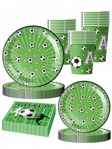 10 pièces Décorations de fête de football/soccer vert, set de vaisselle de fête d'anniversaire sur le thème du soccer pour 10 personnes - Multicolore - Voir 4